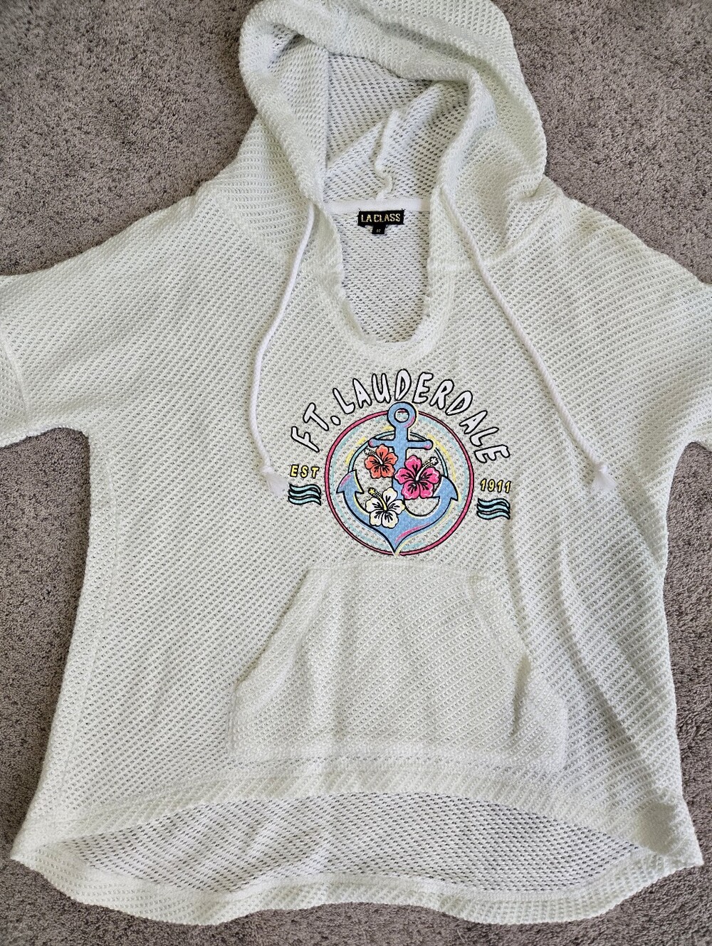 LA CLASS Fort Lauderdale Mesh Hoodie Women's Medium Ivory with Pastel Graphic